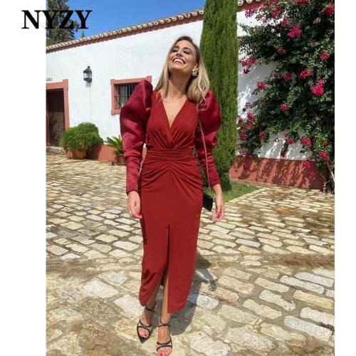 NYZY E335 Chic Split Skirt Long Sleeves Burgundy Evening Dresses 2021 Wedding Party Dress Evening Gowns