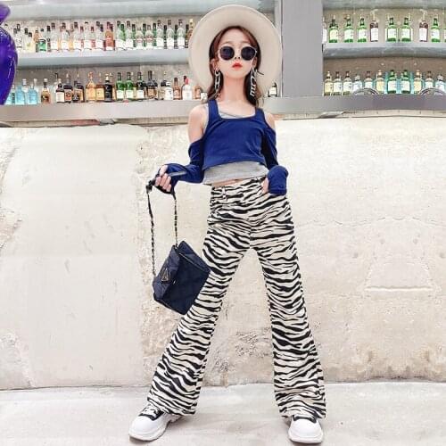 Hip Hop Girls Outfits Fashion Stripes Print Pants High Waist Wide-Leg Trousers Off Shoulder T-shirt Top Coats Childrens Costume