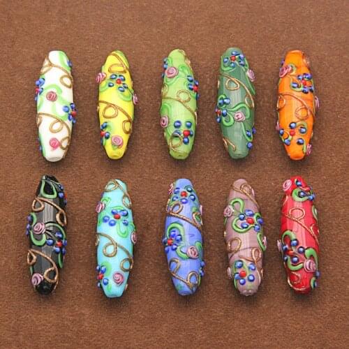 2pcs/lot 13x42mm Ethnic Flower Oval Glass Beads Gold Sand Charm Long Barrel Lampwork Pendant Beads Jewelry DIY Material Findings