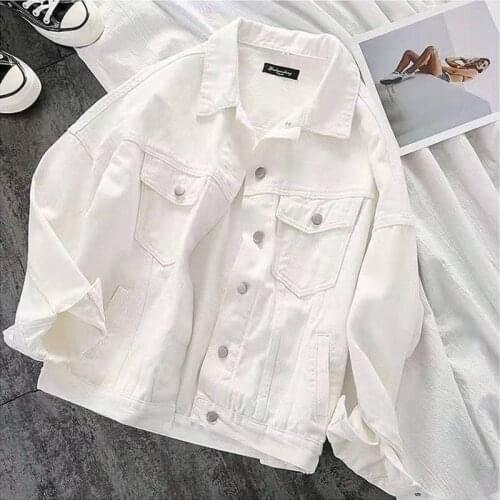 2021 New Spring Winter Womens Denim Jacket Solid Loose Lapel Long Sleeve Casual White Jacket Outwear Jeans Coats Female
