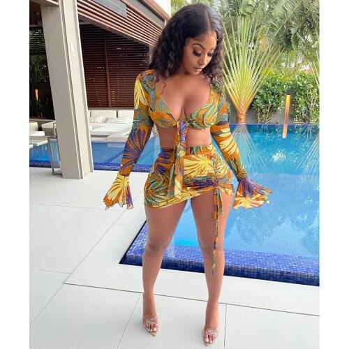 2021 New Arrival Famous Brand 2 pcs Women Set Print V-neck Petal Sleeve Short Tops Mini Dress Summer Beach Outfits