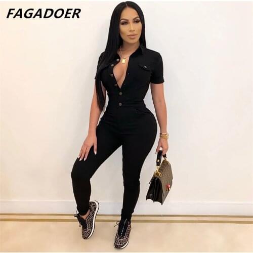 FAGADOER Black Bodycon Jumpsuit Summer Sexy Button V Neck Overalls For Women Short Sleeve Skinny Playsuits Streetwear 2021