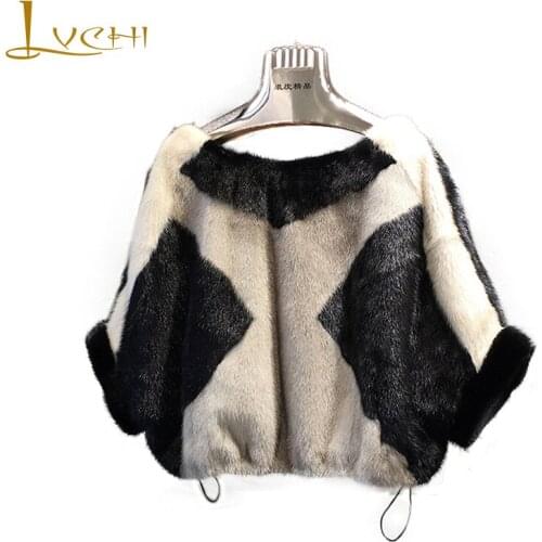 LVCHI 2019 Real Mink Fur Coats Womens Coat Full Pelt Causal Half Batwing Sleeve Pullover Contrast Color Slim Mink Fur Coats