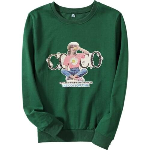 Winter Printing Woman Autumn Cotton Sweatshirt 2021 O-Neck Long Sleeve Loose Green Vintage Tshirts Female High Quality Warm Tops