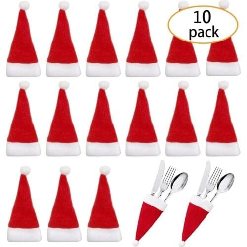 10pcs Christmas Fork Knife Cutlery Holder Bag Pocket Red Santa Hat Spoon Tableware Storage Bag for Christmas Dinner Table Decor