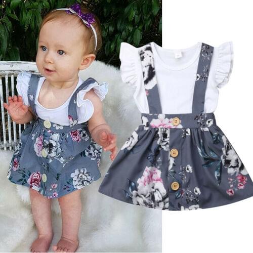 2021 0-24M Toddler Kid Baby Girl Clothes Ruffle Tops Cotton Romper Floral Overall Suspender Skirt 2pcs Summer Outfit