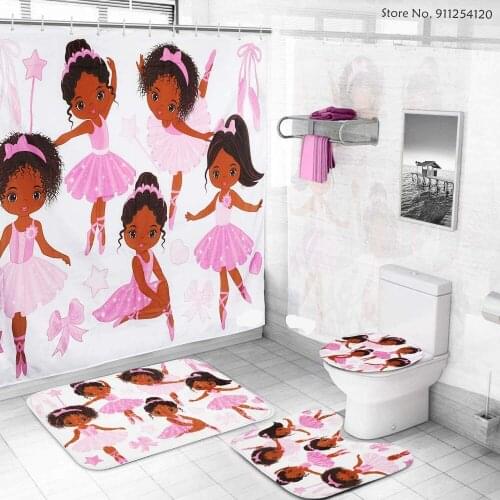 4pcs Pink Ballet Cute Girl Bathroom Rug Set Non Slip Absorbent Bathroom Mat and Rugs Sets Print Bathroom Sets Shower Curtain Set