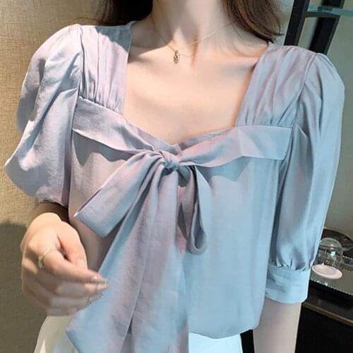 Blusas Blouses Femme Top Short Sleeve Blouse Women Blusas Mujer De Moda 2021 Bow V-Neck Chiffon Blouse Shirt Tops Women E896