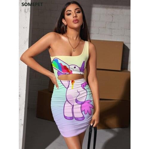SOMEPET Brand Unicorn Dress Women Animal 3d Print Rainbow Bodycon Dress Gradient Pleating Womens Clothing Party Vintage Beach