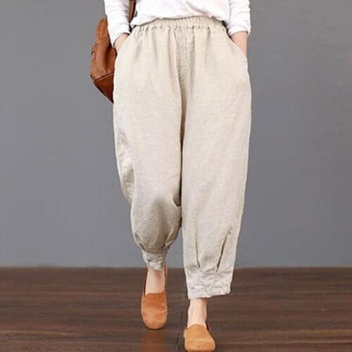 Spring Women Lantern Long Pants Retro Baggy Solid Harem Pants Summer Elastic Waist Cotton Linen Autumn Loose Casual Trousers