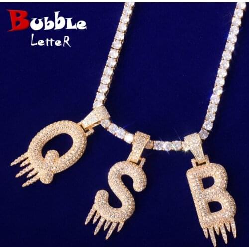 Solid Back Single Drip Bubble Letters Pendant Necklace With Tennis Chain Bling Bling Cubic Zircon For Men Women Hip Hop Jewelry