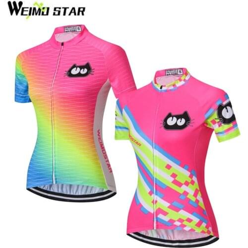 WEIMOSTAR Pro Team Summer Girls Ropa Ciclismo Fluorescence Womens Cycling Jersey Bike Clothing Pink Short Sleeve T-Shirt Tops