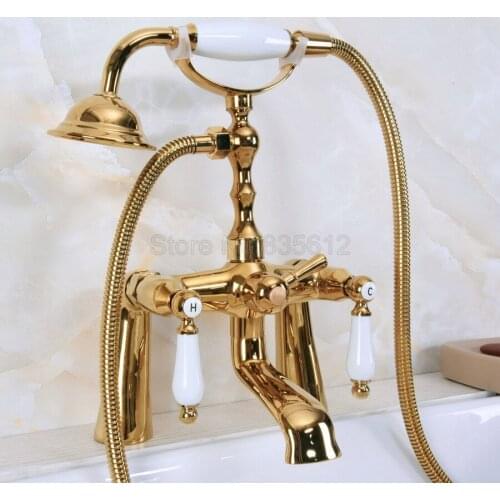 Deck Mounted Gold Color Brass Bathroom Tub Faucet Set + Hand Shower Head Luxury Dual Handle Shower Faucets tna140
