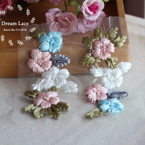 Free shipping (2pairs /lot) 3D Ribbon Sewing Floral Flower Motif Lace Applique ,Wedding Bridal Embroidery Lace patch