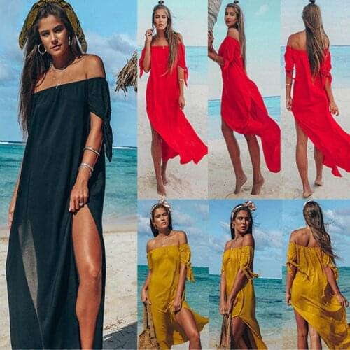 Fashion Solid Beach Vacation Split Midi Womens Dress 2020 Summer Sexy Off Shoulder Short Sleeve Loose Chiffon Ladies Maxi Dress