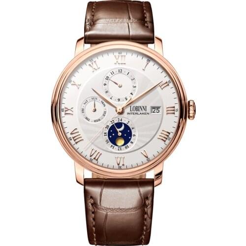 LOBINNI Men Business 50M Waterproof Dress Multifuction Automatic Mechanical Wristwatch With Month,Date,Night Day,Week - Rosegold