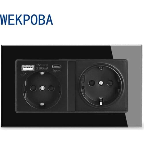 WEKPOBA Black 86mm/146mm Tempered Glass Panel EU/ Russian Standard Wall Power Socket With 2/4 USB Charge Port Hidden Soft LED