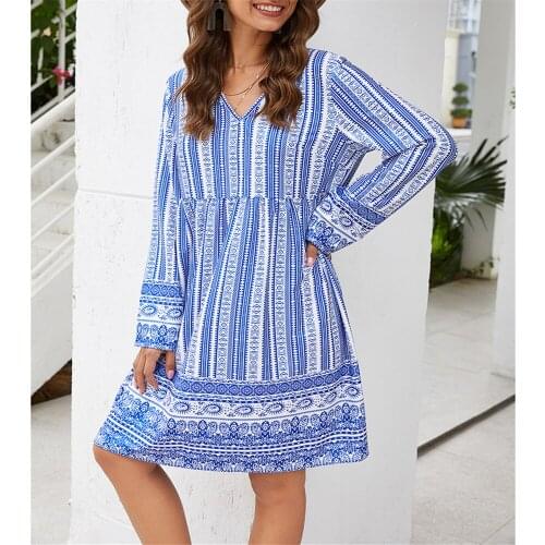Pdfmily 2020 Spring Vintage Print Dresses Women Casual V-Neck Long Sleeve Back Button Hollow Out A-Line Loose Short Dress 1203