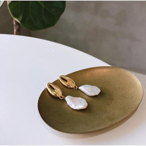 Authentic 925 Sterling silver conch cowrie shell &Irregular Baroque Pearl dangle earrings women FINE jEWELRY TLE667