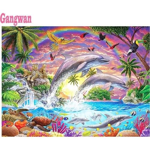 Full Square round Diamond 5D DIY Diamond Painting Dolphins landscape Embroidery Cross Stitch kits diamond Mosaic Home Decor art