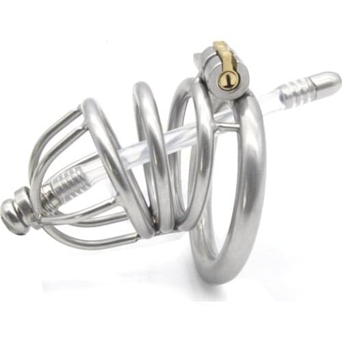 L size New Lock Stainless Steel Male Chastity Device with Catheter,Cock Cage,Chastity Belt,Penis Ring A230-2