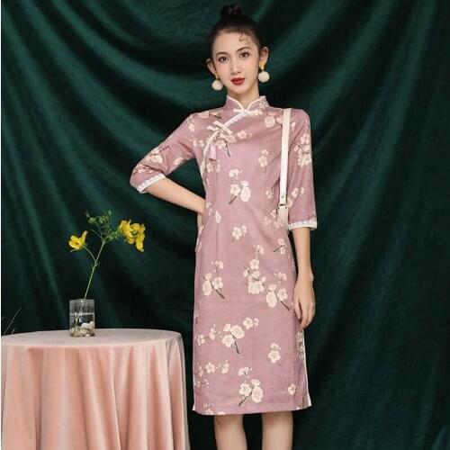 Traditional Chinese Hanfu Qi Pao Women Retro Cheongsam Girl Japanese Harajuku Style Vintage Printed Party Qipao Dress 12132
