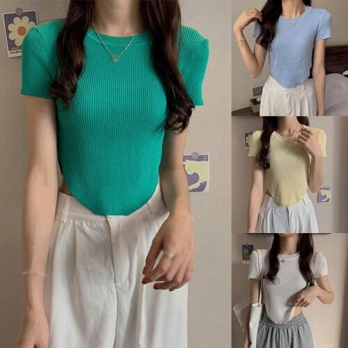 Knitted O-Neck T-shirt Women Tops 2021 Solid Slim Rib Womens Tee Shirts Ladies Summer Casual Fashion T Shirts Female