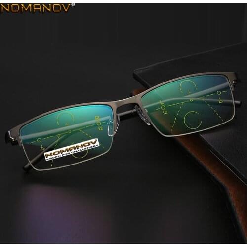 Ultra-light Half-rim Black and Grey Frame Business Progressive Multi-focus Reading Glasses Add 75 100 125 150 175 200 to 400