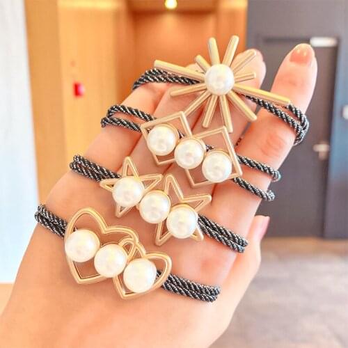 Korean Pearl Alloy Golden Hair Tie for Women Geometric Elastic Hair Bands Scrunchies Ponytail Holder Hair Accessories Hair Ring