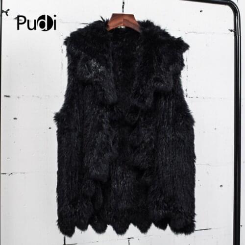 VT7024 The New Fashion Womens Vest Real Rabbit Fur Knitted Vest Jackets Black Color