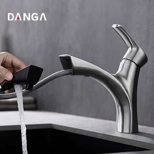 Pull Out Bathroom Faucet Kitchen Sink Faucets Brushed Basin Water Tap Hot and Cold Mixer 304 Stainless Steel Vanity Water Faucet