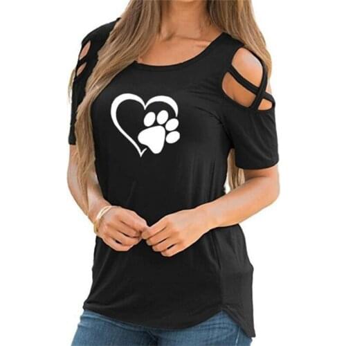 Women Short Sleeve T Shirt Funny Dog Paw Heart Print Cold Shoulder Blouse Tops