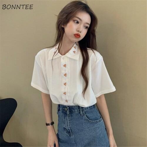 Shirts Women Vintage Flower Embroidery Ladies Summer Design Ins All-match Trendy Casual Short Sleeve Harajuku Mujer Tops Chemise