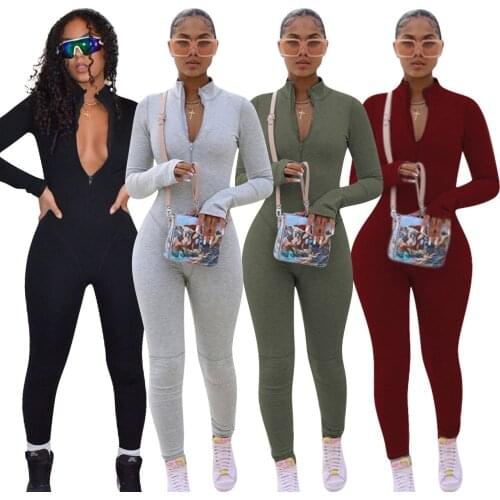 Fitness Body Grey Black Rompers Womens Jumpsuit Autumn Sexy Zipper Long Sleeve Leggings Bodycon Jumpsuit Women Plus Size 4XL
