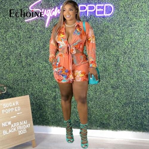 Echoine Plus Size Two-piece Set Woman sexy floral print V-neck long-sleeved Lace-up Crop Top With Shorts Casual Outfits Summer
