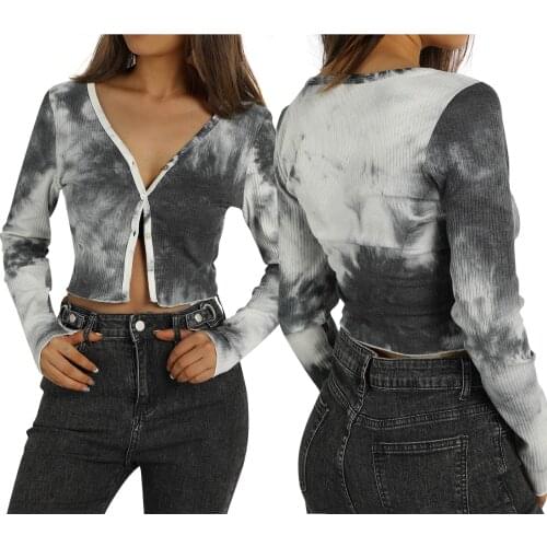 Womens Rib Knit Crop Tops,Stylish Sexy Ladies Casual Skinny Floral-Print Long Sleeve V Neck Tie Dye Print Button Down T-Shirts