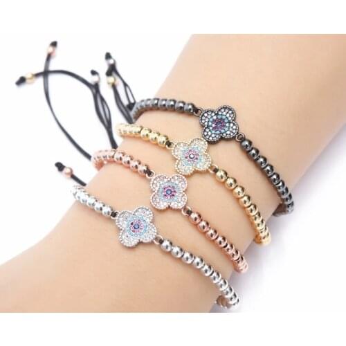 Gold silver micro pave cz Cubic Zirconia rope adjusted Copper Beads Bracelet clover hg435 Charm Braided Bangles Women