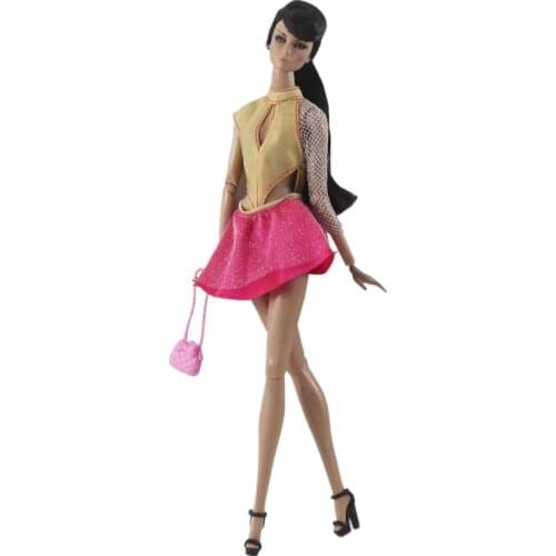 1/6 BJD Accessories Yellow Pink Short Dress for Barbie Clothes Set Outfits Fashion High Neck Gown Handbag 30cm Dollhouse Kid Toy