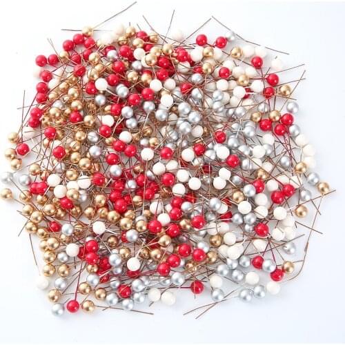 50Pcs Multicolor Mini Fake Plastic Berry Artificial Flower Cherry Pearlescent Stamen Wedding Cake Box Christmas Pearl Decoration
