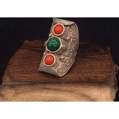 Antique ruby green jade Turquoise silvers Tibetan silver inlaid Gemstone Ring