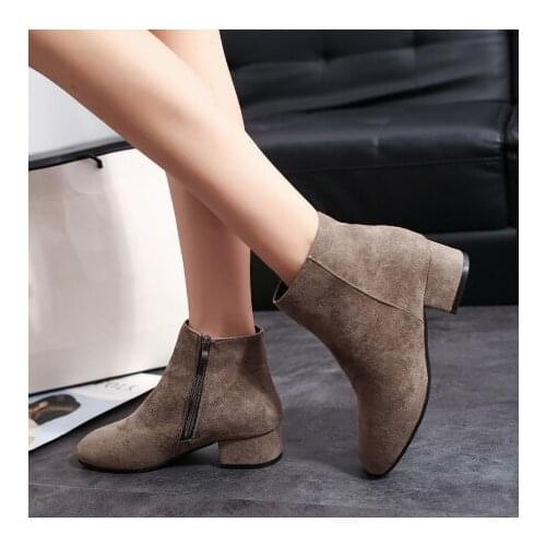 Autumn Women Ankle Boots Fashion Zip Flock Round Toe Suede Square Heels Shoes Ladies Casual Comfort Warm Female Footwear