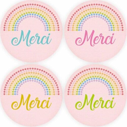 DouxArt 100 Pieces Stickers Merci, 4CM Rainbow Pink Wedding Birthday Baptism Communion Decoration Invitation Box Label Seals