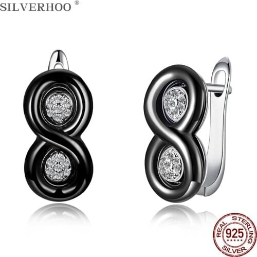 SILVERHOO Creative Number 8 Shape Clip Earrings For Women 925 Sterling Silver 5A Cubic Zirconia Ceramics Earring Silver Jewelry