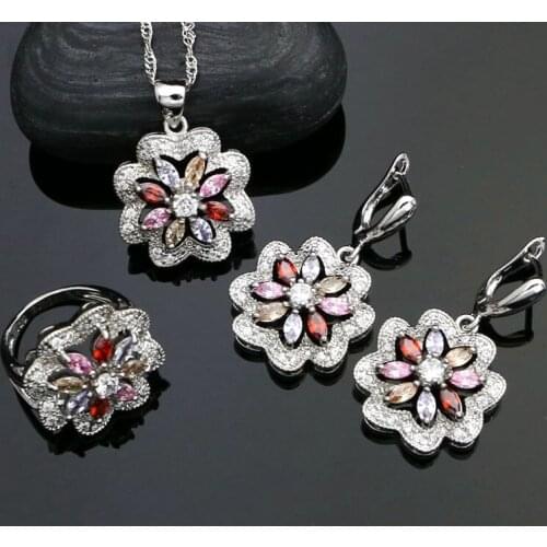 Silver 925 Bridal Jewelry Sets For Women Flower Shaped Multicolor Stone White Crystal Earrings/Rings/Pendant/Necklace Set