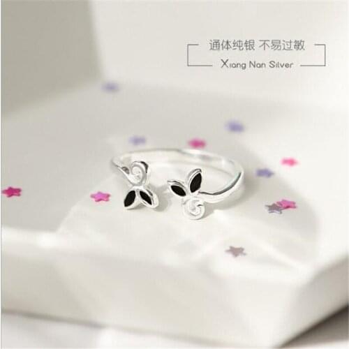 Korean Fashion Drip Glaze Fower Vine Black Flower Opening Rings for Women Elegant Jewelry 925 Sterling Silver Accessories SR352