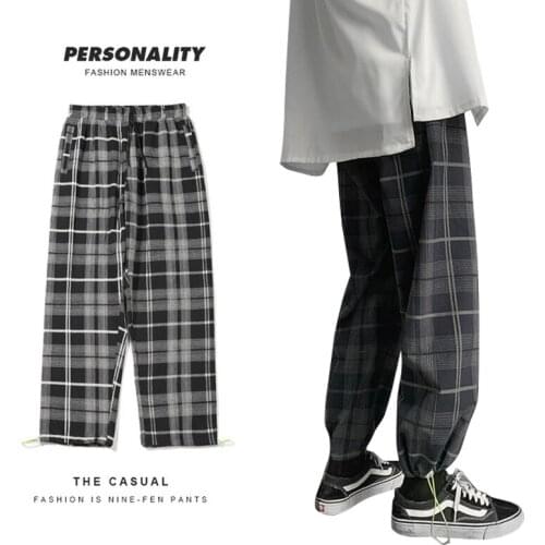 Men Harajuku Japanese Streetwear Grid Black Plaid Baggy Pants Autumn Casual Drawstring Joggers Korean Style Hip Hop Trousers