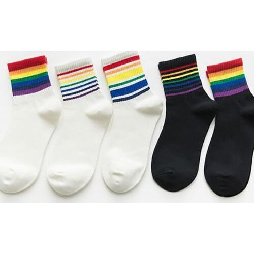 Men Women Unisex Rainbow Socks White Black Cotton Sock Striped Hip hop Fashion Harajuku Skateboard Sox Meias Hip Hop Short Soks