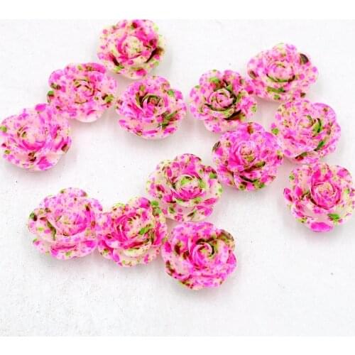 New Fashion 30pcs/Lot 14mm Pink+Green Resin Rose Flower Flatback Stone Appliques For Phone/Crafts DIY