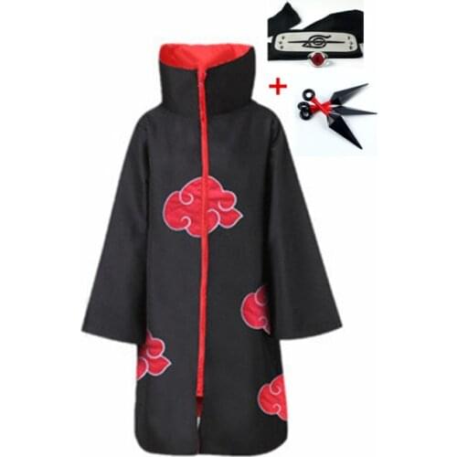 New Anime Deidara Konoha Hokage Uchiha Ninja Pain Cosplay Cloak Red Cloud Symbol Headband+Kunai+Ring Party Accessories Prop Suit