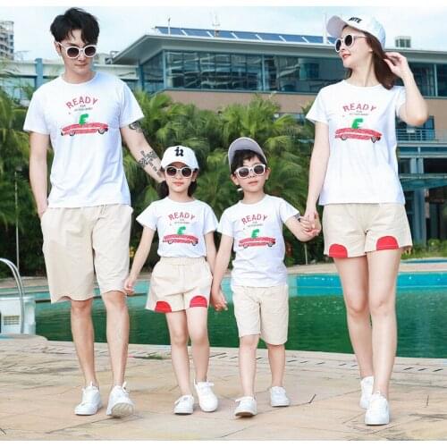 Family Matching Outfits 2020 Summer Dad Son Mom Daughter Clothing car Cotton white T-shirt+ Shorts Couple Matching Clothing